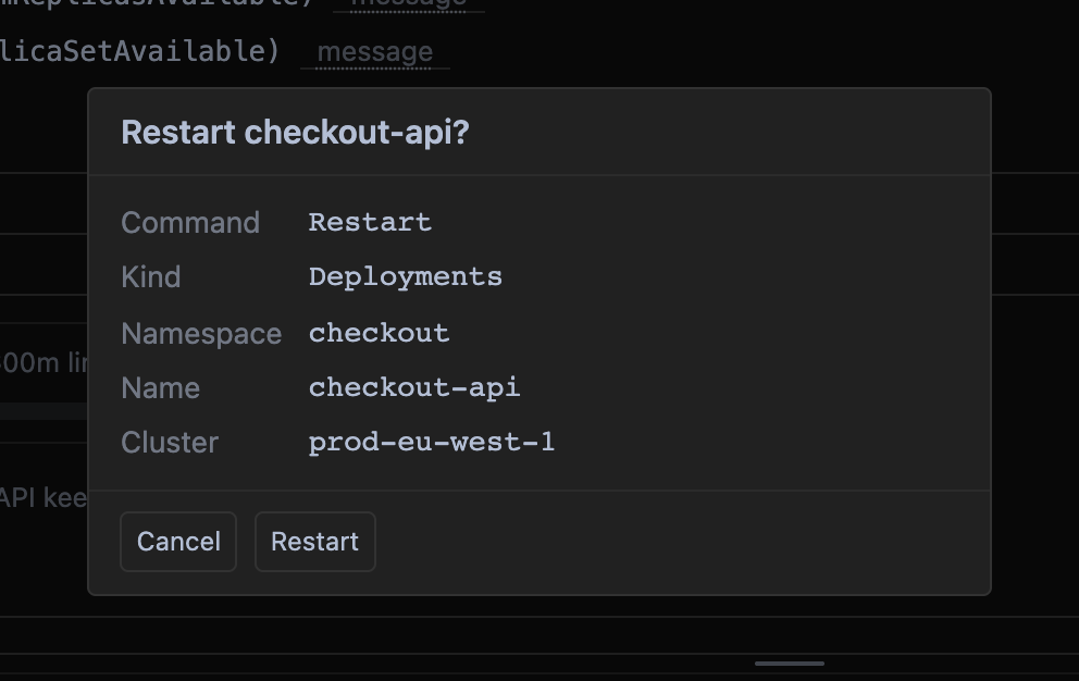 The confirmation dialog for restarting a Deployment, recapping cluster, kind, namespace and name.
