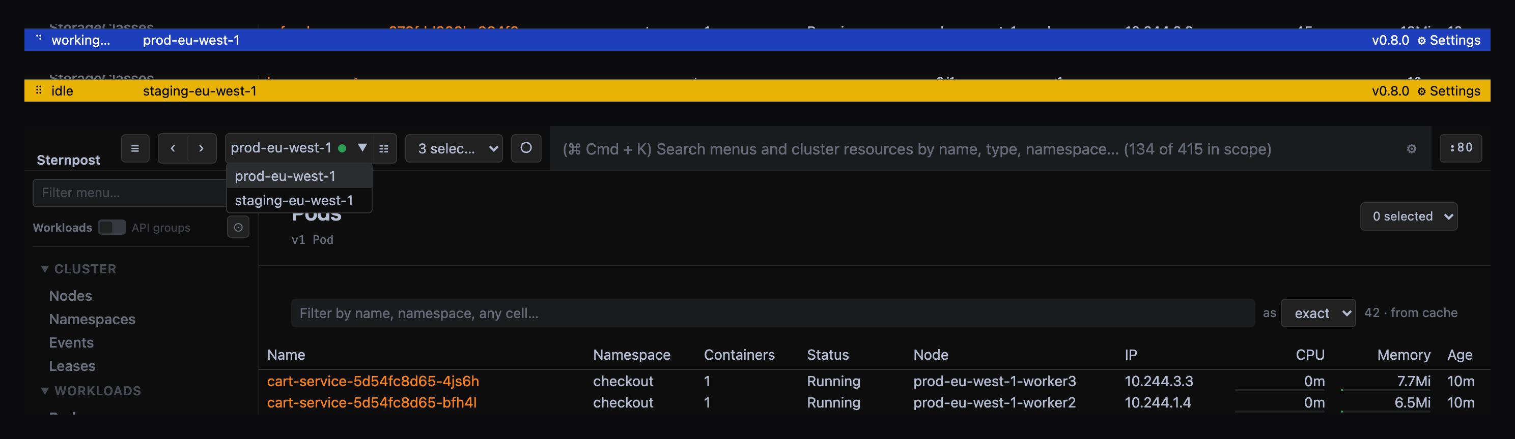 Two clusters with their own status-bar colours, and the cluster picker open.